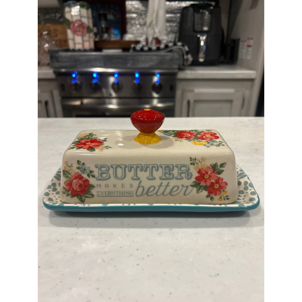 The Pioneer Woman Vintage Floral Butter Dish Stoneware Teal Red Cream PRECIOUS